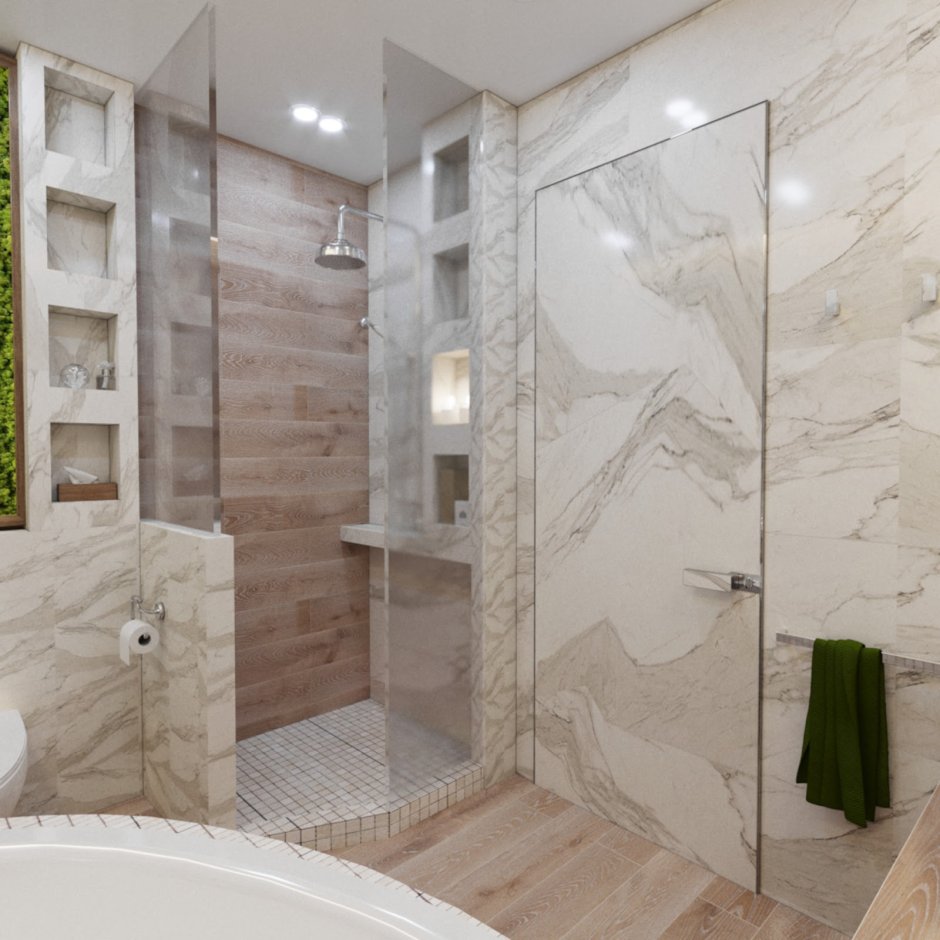 Интерьер ванной комнаты с зеркальной плиткой в эко стиле