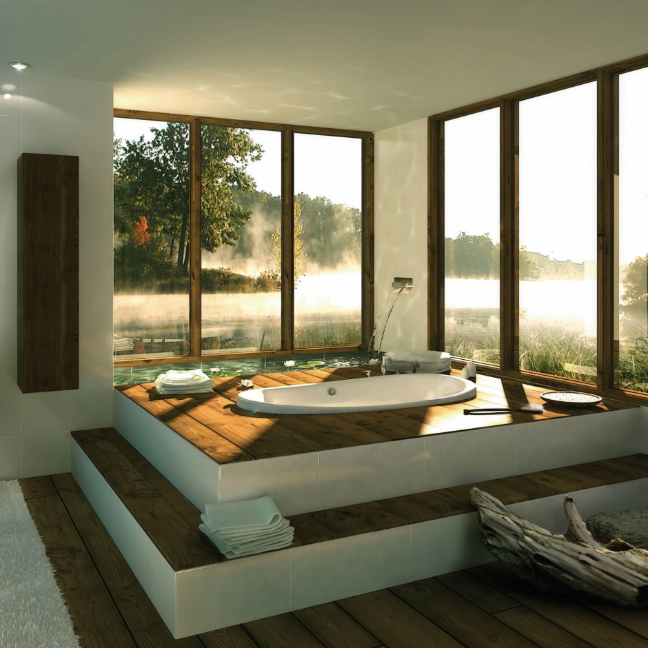 Спальня с панорамными окнами и ванной