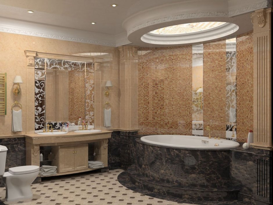 Интересные интерьеры ванных комнат с колоннами