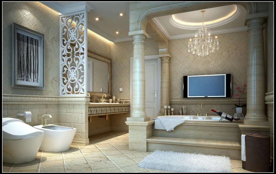 Потолок в ванной в дорогих интерьерах