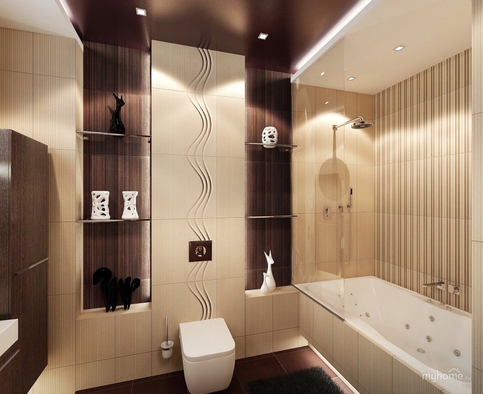 Интерьер ванной комнаты в коричнево-бежевых тонах