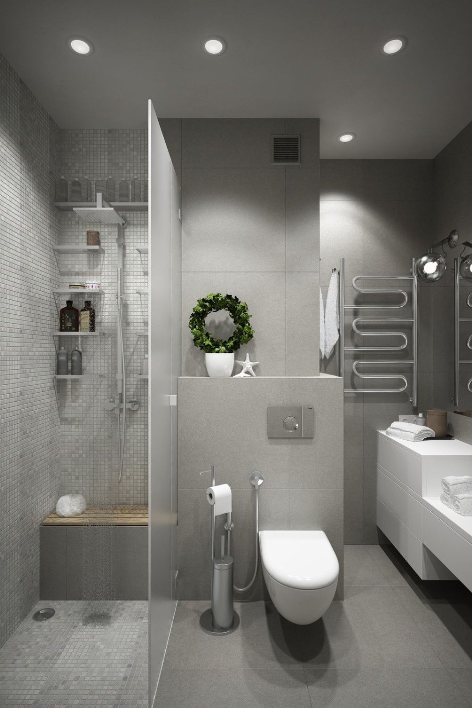 Маленькая ванная комната в серых тонах