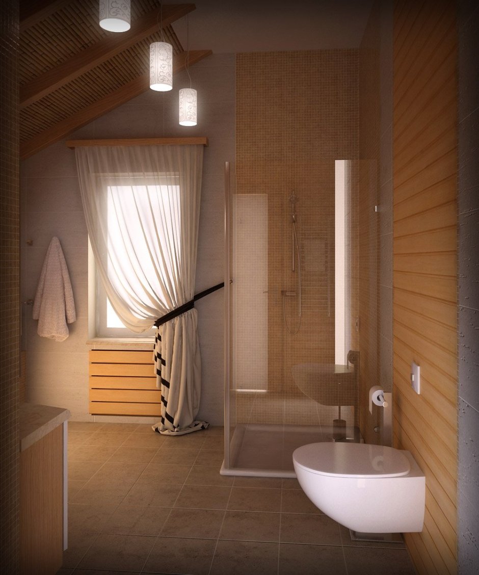 Ванная комната в деревянном доме с душевой