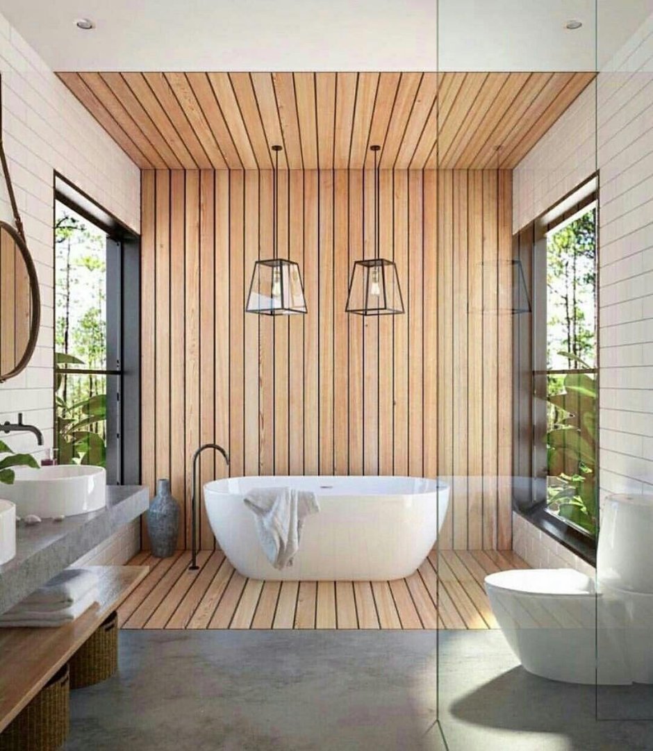 Ванная комната с деревянной отделкой