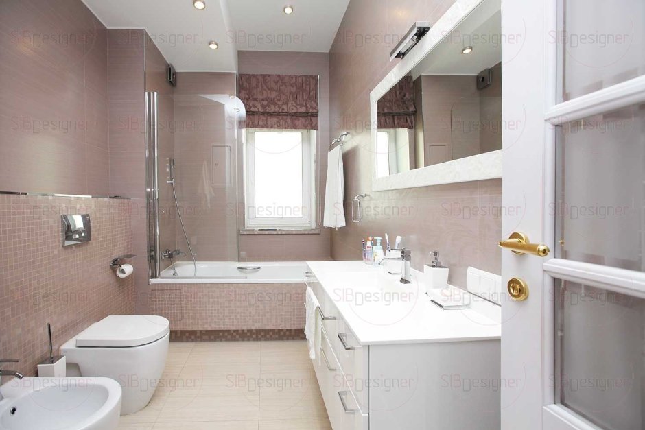 Интерьер ванной комнаты совмещенной с туалетом и окном