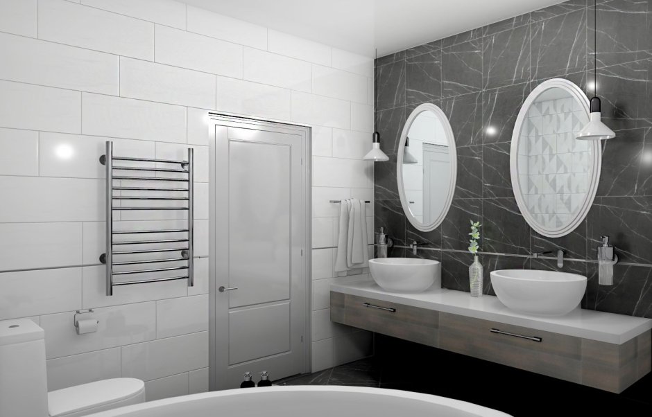 Совмещенная ванна с туалетом в серых тонах дизайн