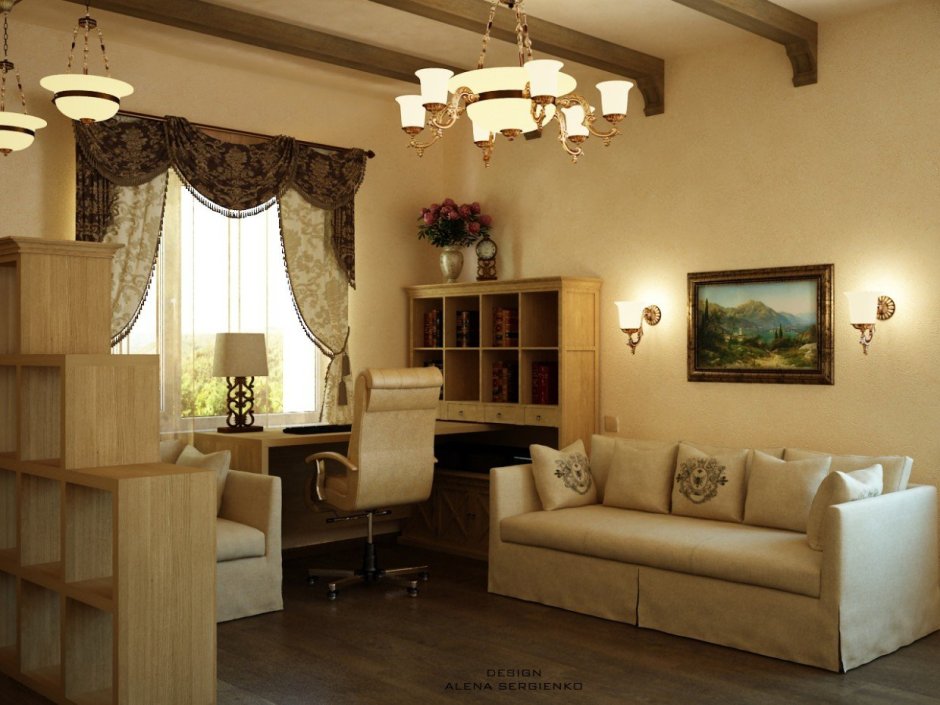 Интерьер домашнего кабинета с диваном