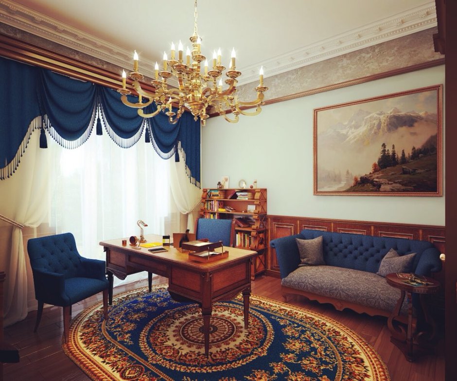 Темно синий диван в кабинете