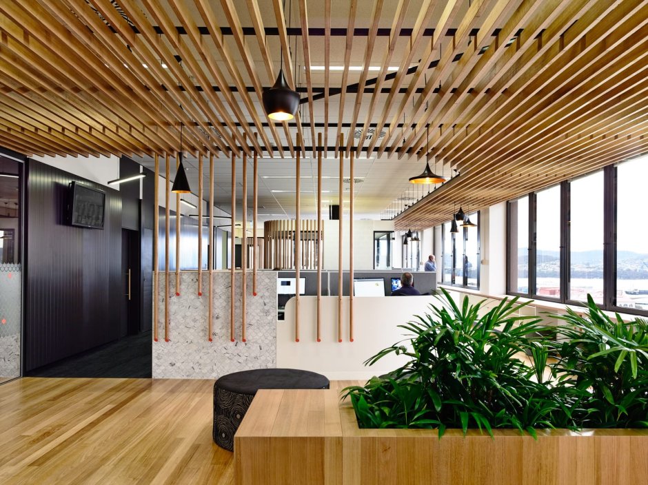 Деревянный реечный потолок в офисе