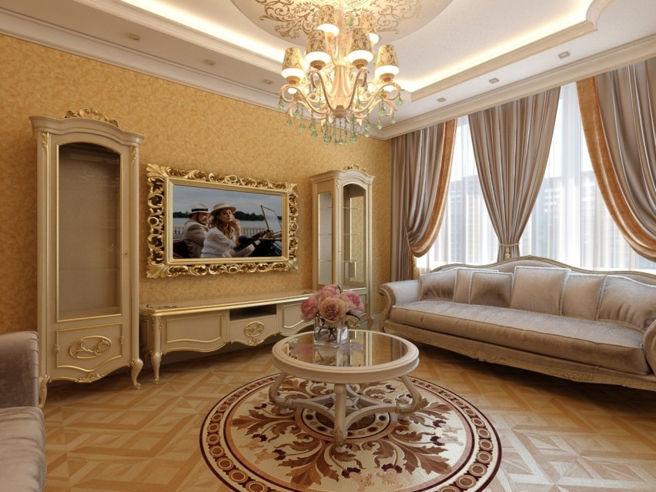 Интерьер гостиной в классическом стиле в доме