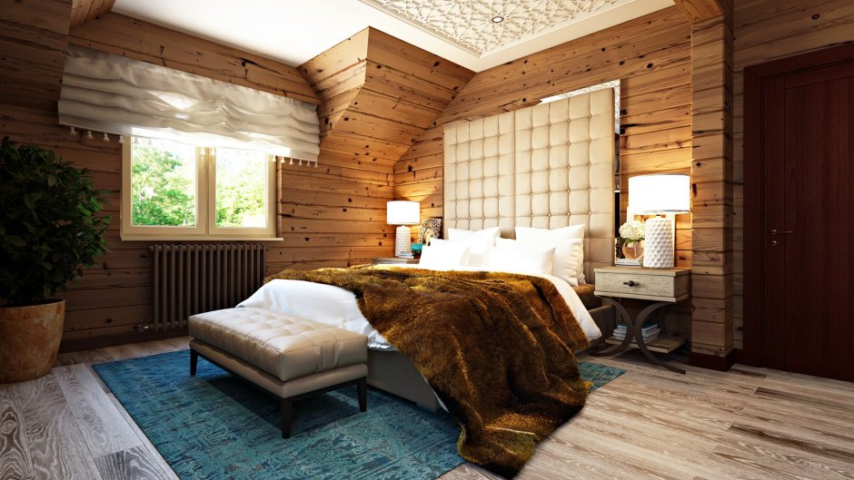 Яркая спальня в деревянном доме