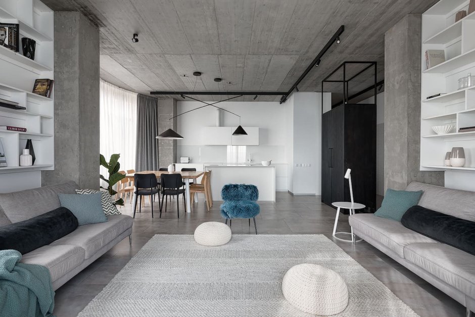 Светлые интерьеры квартир в современном стиле с бетонными потолками