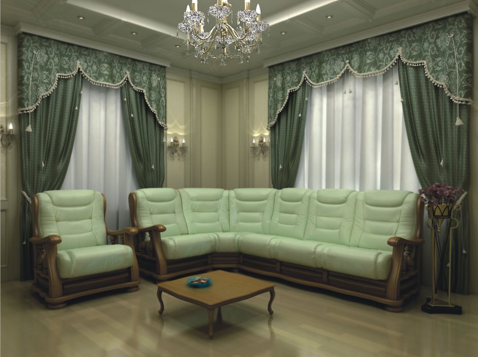 Красивый диван угловой в гостиную зелёный