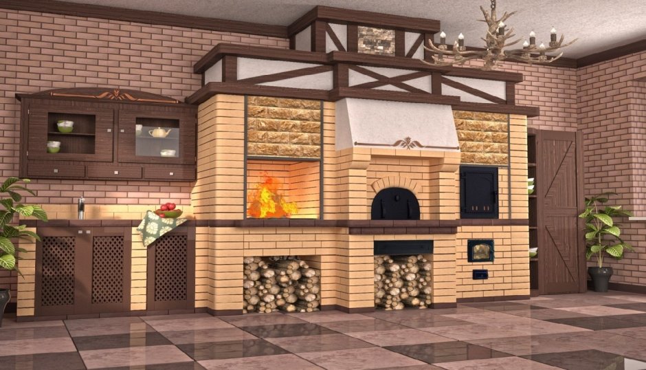 Летняя кухня с камином