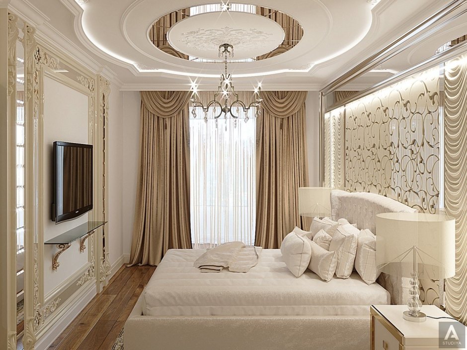Потолок из гипсокартона для спальни в классическом стиле