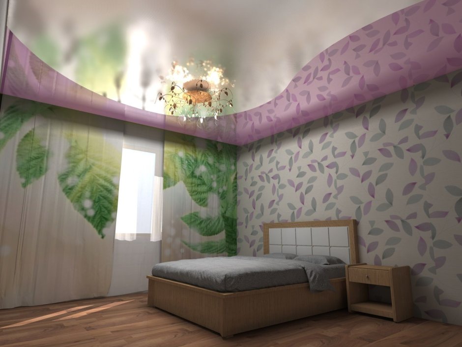 Двухцветный потолок в спальне