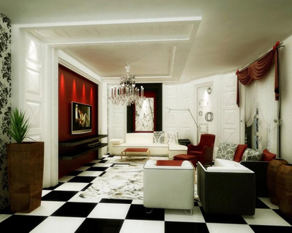 Черно бело красный интерьер гостиной