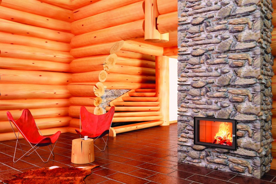 Печь-камин в интерьере деревянного дома