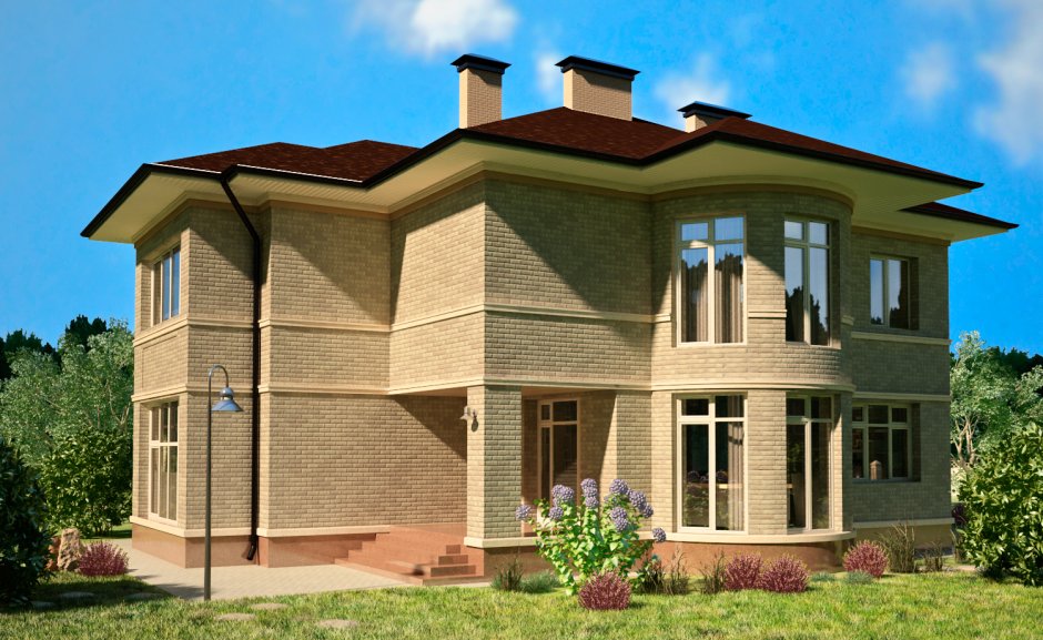 Двухэтажный дом с эркером и большими окнами