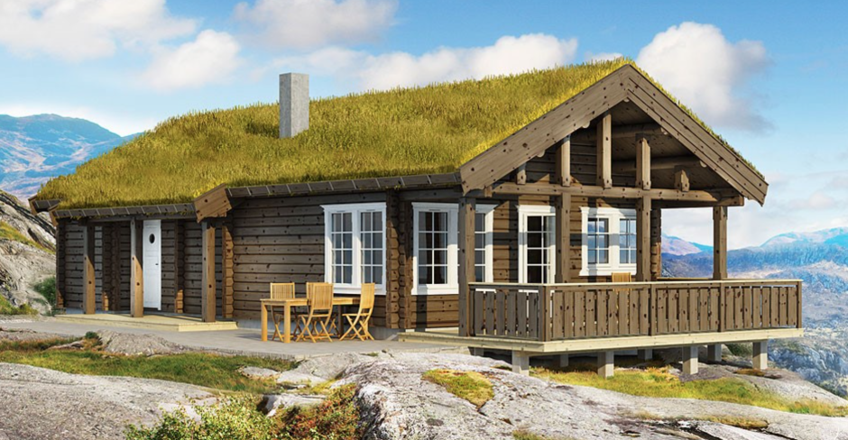 Дом из лафета Норвегия с травяной крышей