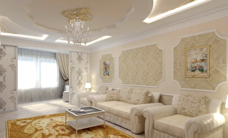 Потолок из гипсокартона для гостиной в классическом стиле