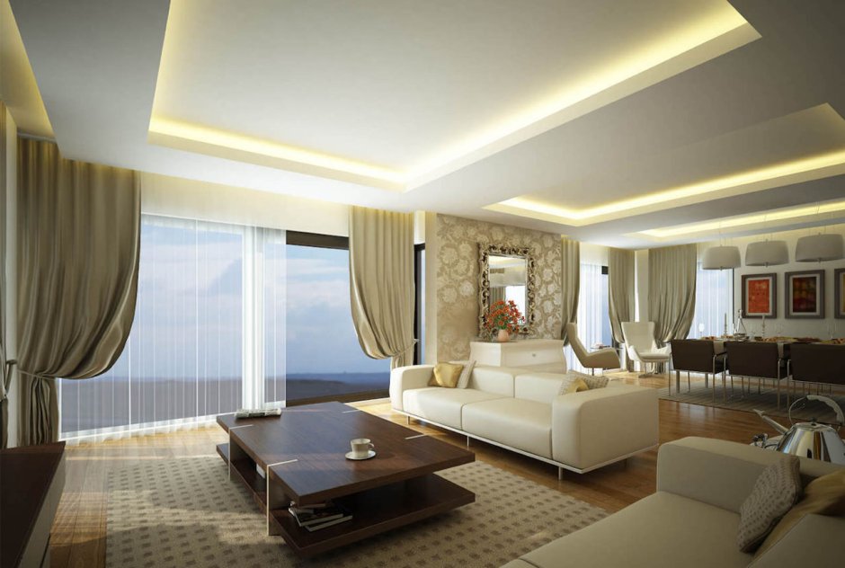 Натяжные потолки в интерьере гостиной