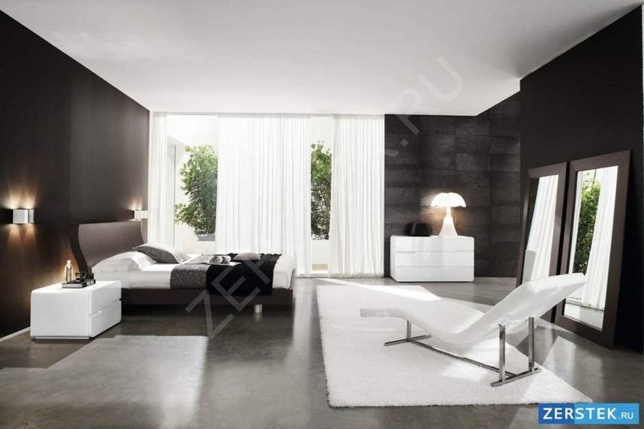 Спальня с белой мебелью и черным полом