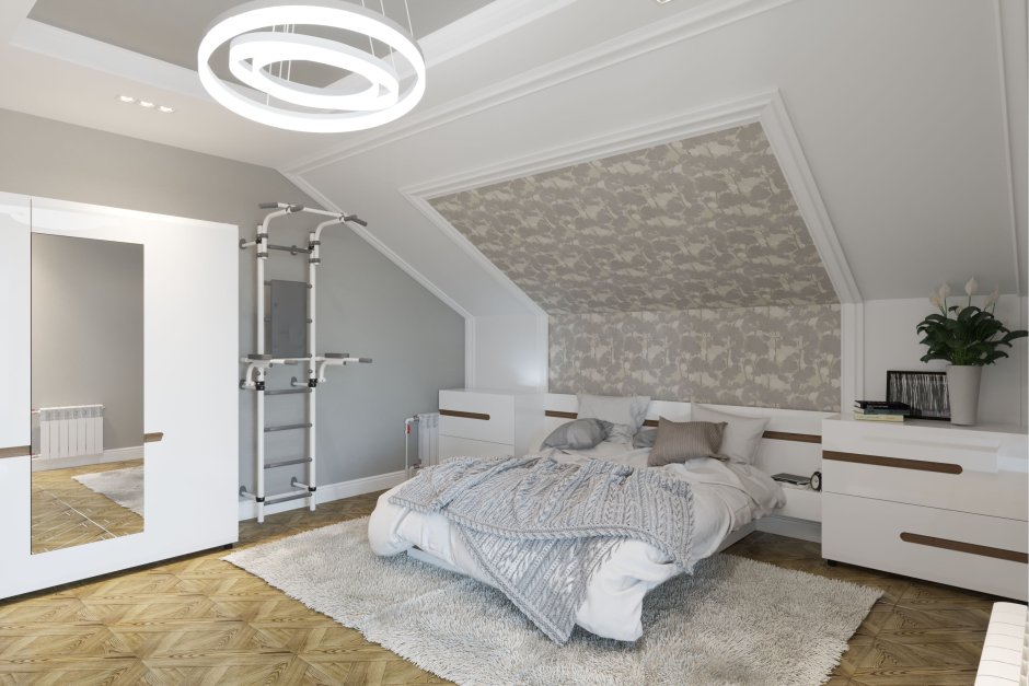 Спальня в мансарде со скошенным потолком в скандинавском стиле