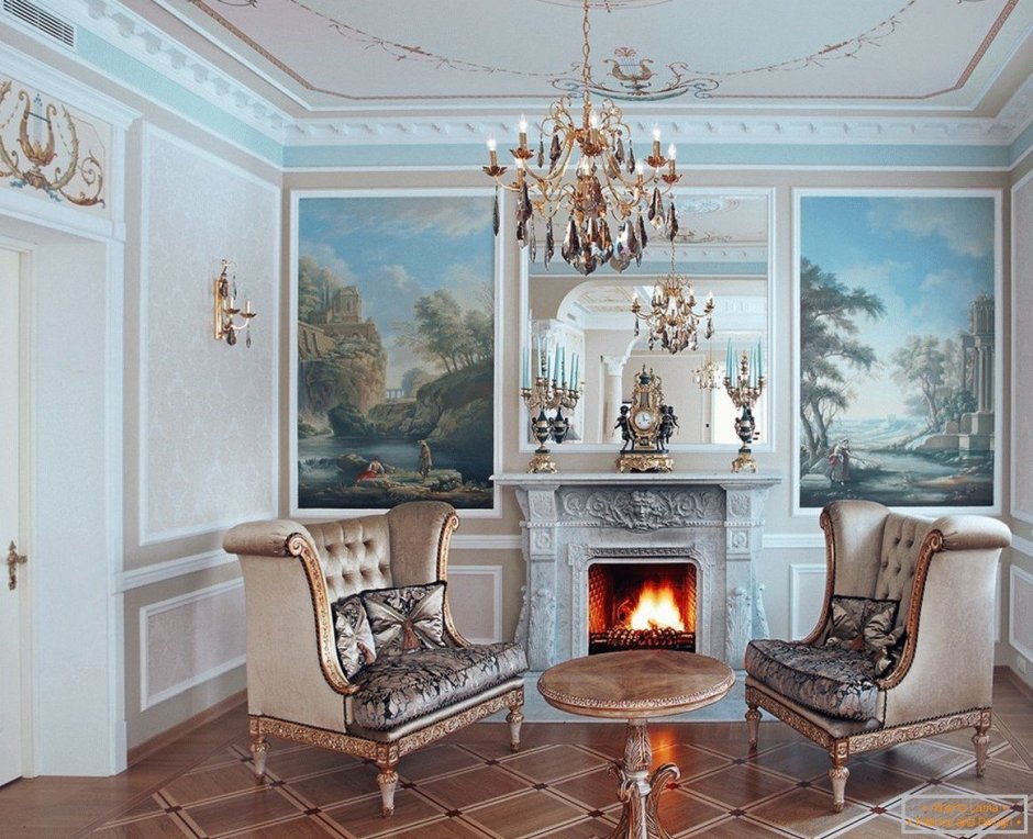 Гостиная с камином в классическом стиле