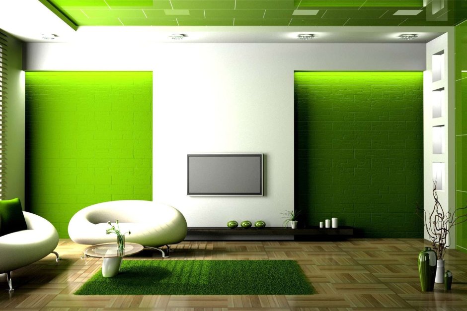 Интерьер зала в зеленых тонах