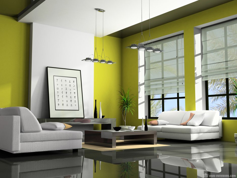 Зеленая гостиная с белой мебелью