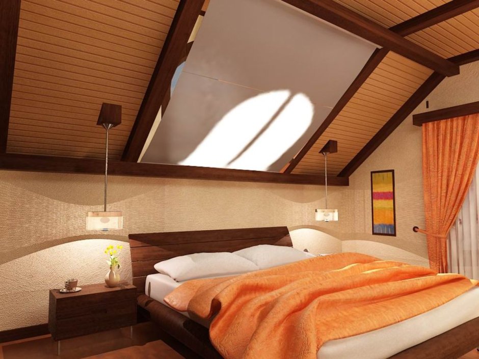 Потолок в мансардной спальне с балконом