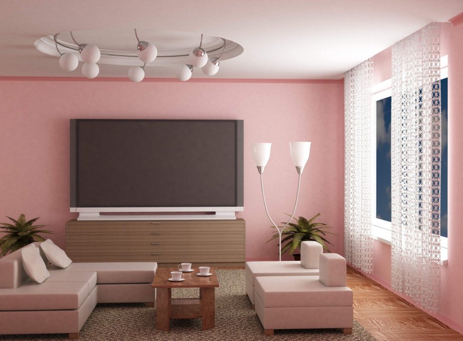 Розовые стены в интерьере гостиной