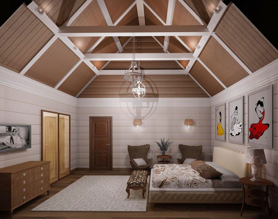 Спальня в деревянном доме со скошенным потолком