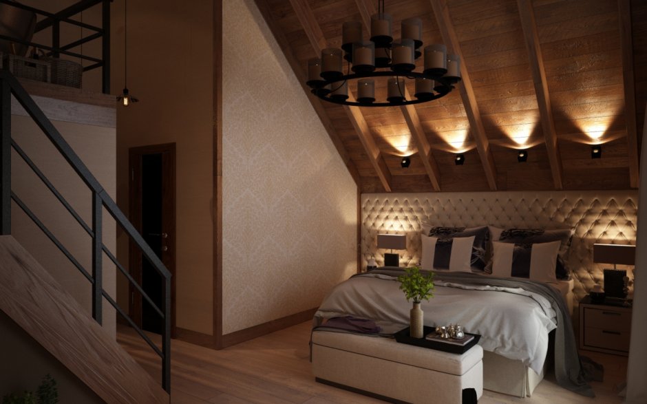 Спальня на мансарде с двухскатной крышей