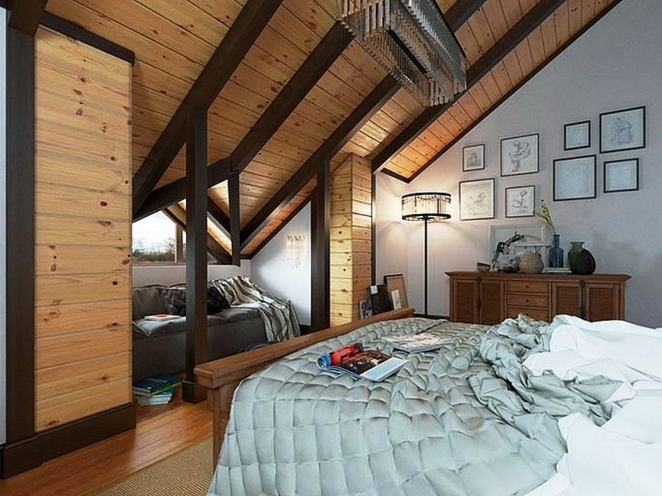 Спальня с балками на потолке