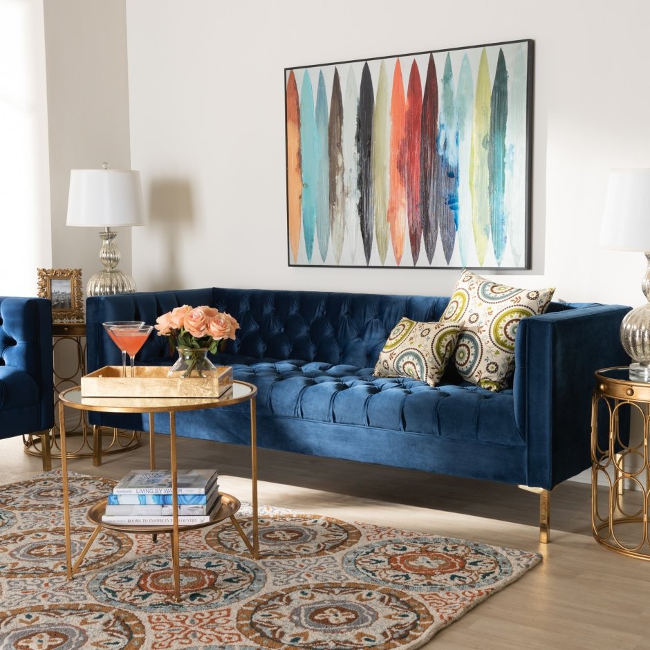 Синий бархатный диван в интерьере