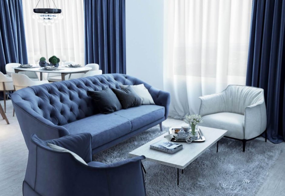 Синий диван и серые шторы