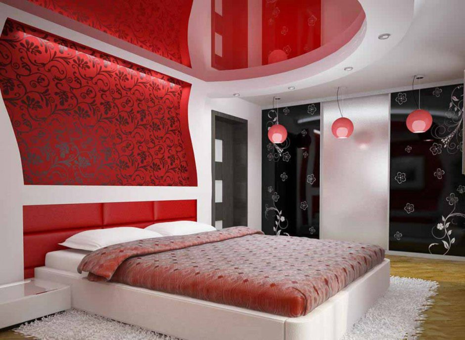 Интерьер спальни в красных тонах