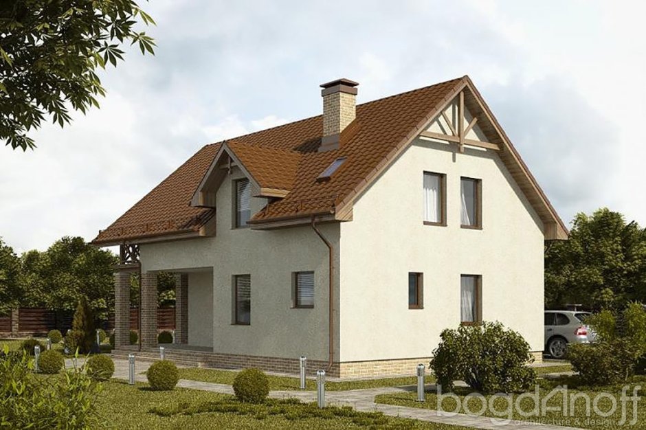 Отштукатуренный дом с двускатной крышей