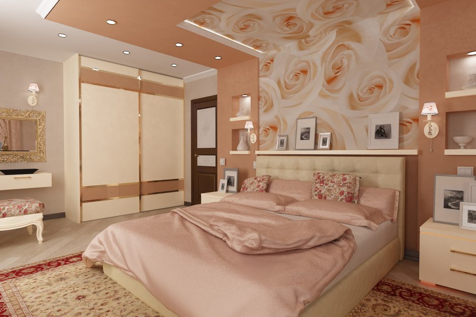 Цветной натяжной потолок в спальне