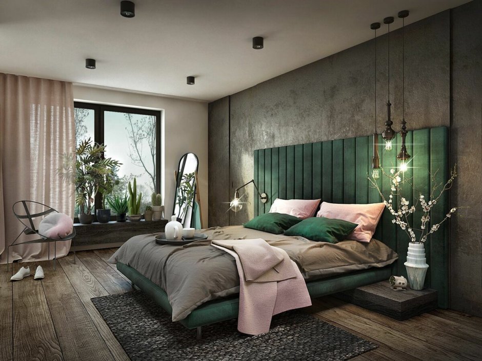 Зелено коричневая спальня