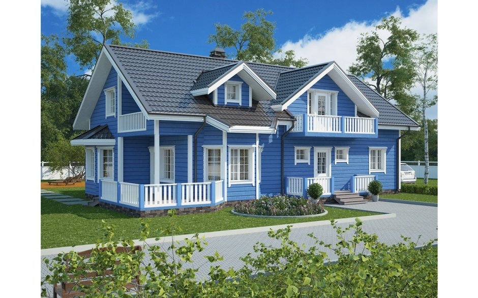 Фасад дома с синими окнами