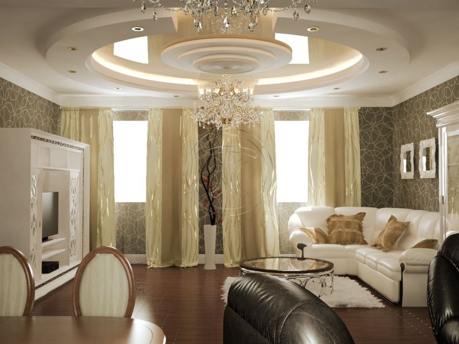 Красивые гостиные с натяжными потолками