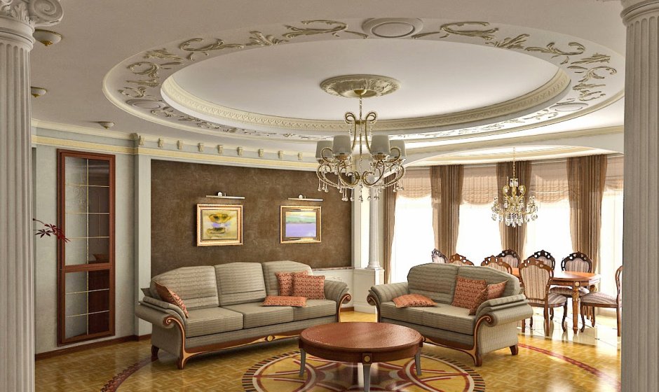Потолок в гостиной в классическом стиле