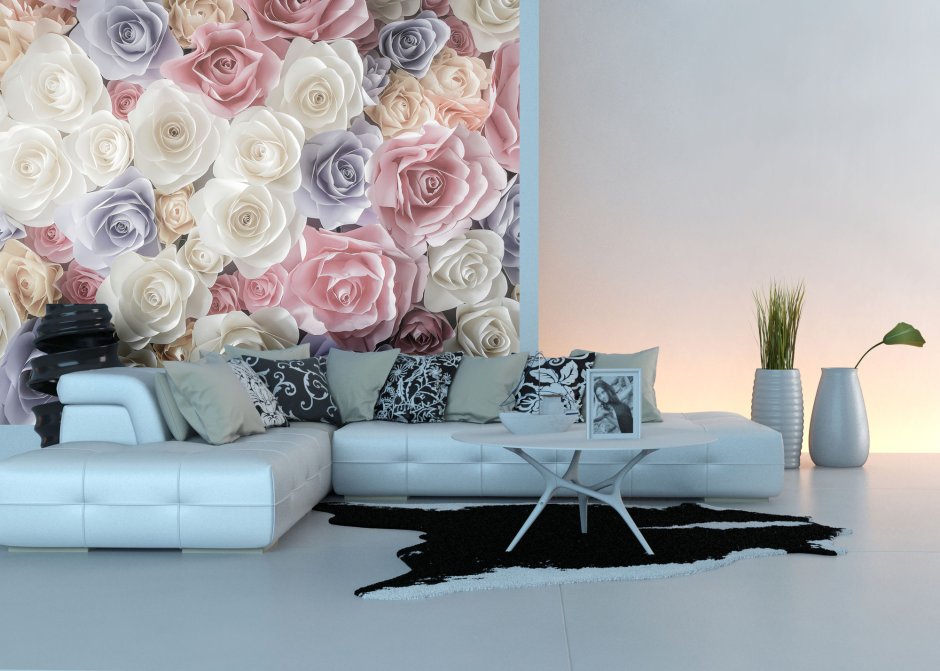 Фотообои розы в интерьере гостиной