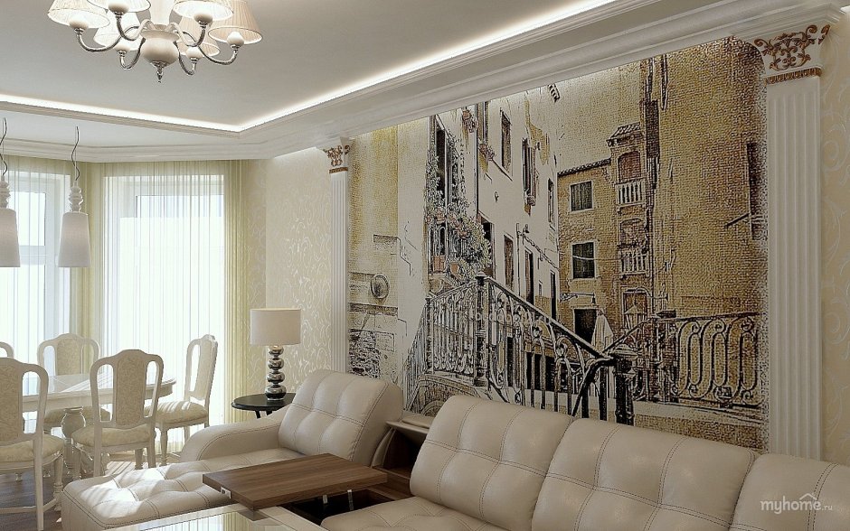 Фреска в коричневых тонах в интерьере гостиной