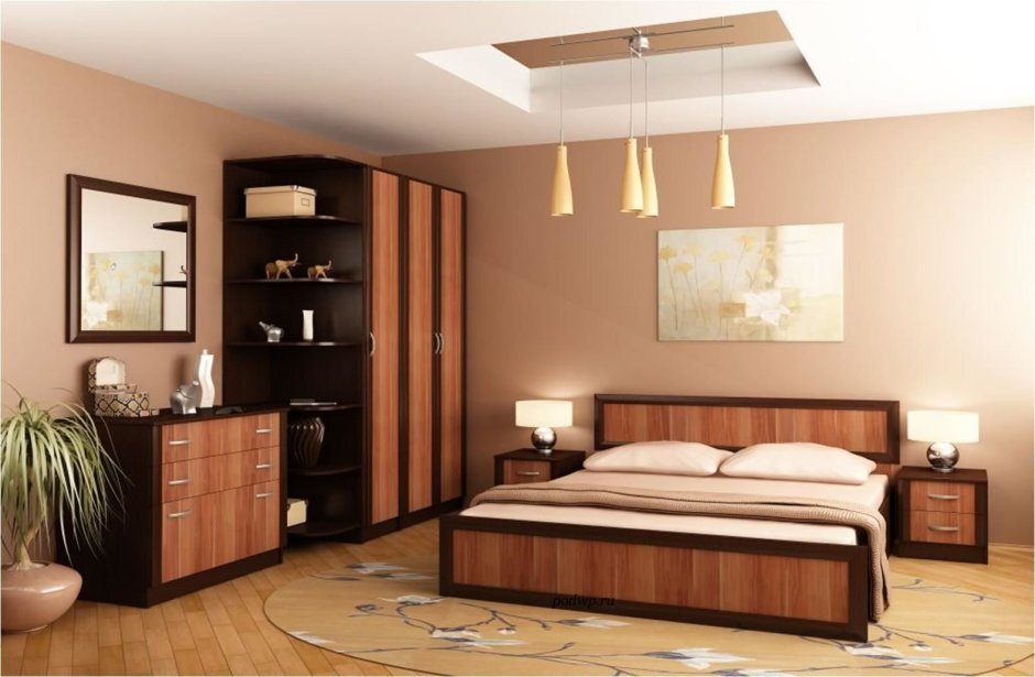 Спальня в сиреневых тонах с коричневой мебелью