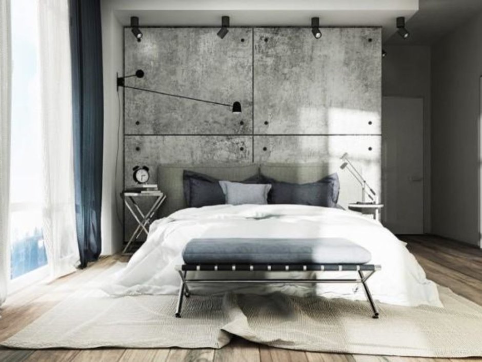 Спальня лофт стиль с бетонной стеной