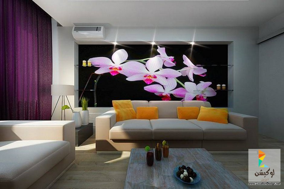 Фотообои орхидеи в интерьере гостиной